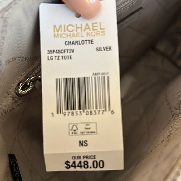 Michael Kors Silver metallic Signature Logo Zipper tote shoulder NWT - Picture 4 of 9